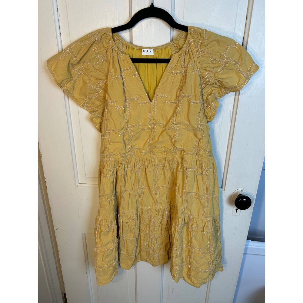 Storia Mustard Yellow Embroidered Flutter Sleeve Tiered Mini Dress Small